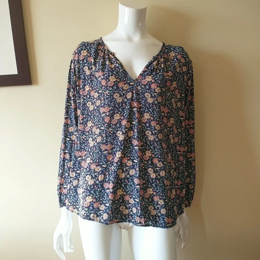 Old Navy Top Blouse Womens XL Blue Yellow Floral Puff Sleeve Cottagecore Boho